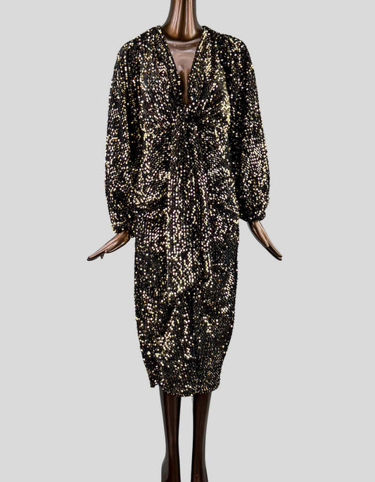 ASOS LUXE sequin midi dress in gold and black velvet. Balloon sleeves. Plunging V-neck. Tie closure at back of neck. Knot detail at waist. Back zip closure.