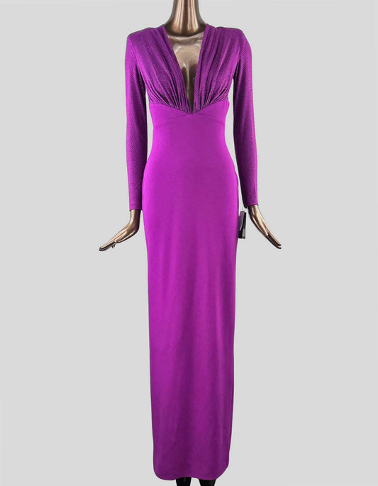 SOLACE LONDON Maxi Dress. Body-conscious maxi style with a fully embellished bodice, shoulder pads, back slit and plunging neckline.