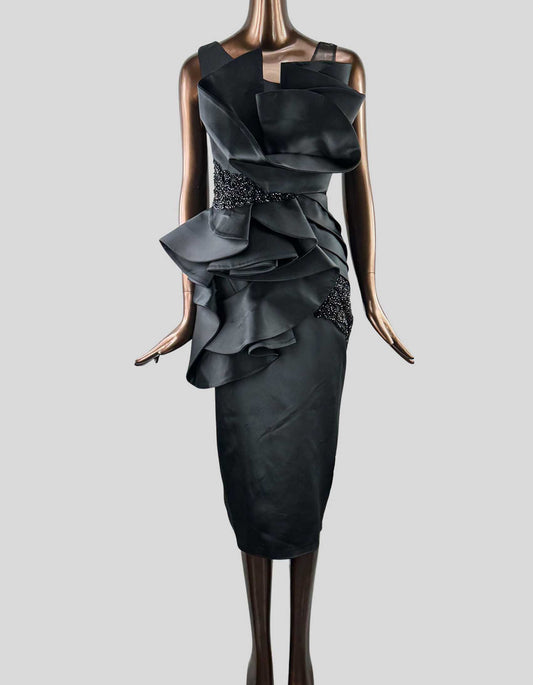 ANITABEL DIVALUKKY Cocktail Dress w/ Tags. Soft smooth duchess satin fabric, peplum details, structured details reinforced to help retain shape, a combination of silver embroidery and crystal bead details, penciled silhouette.