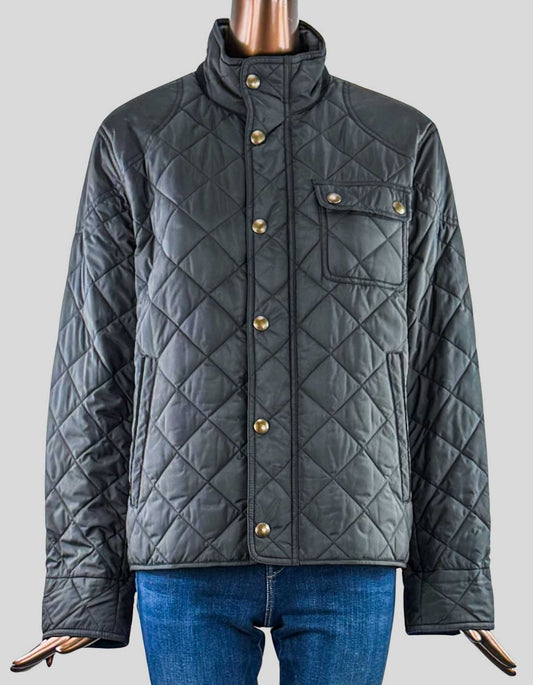 LAUREN RALPH LAUREN Sport Quilted Barn Jacket. Black, quilted, patch pocket, stand collar, front pockets, zip and snap front, barn jacket with black corduroy trim at collar, under arms, and at wrists.