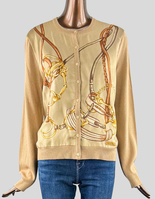LAUREN RALPH LAUREN Horse Motif Cardigan. Long sleeve, tan, knit, button down cardigan with silk horse motif design on front