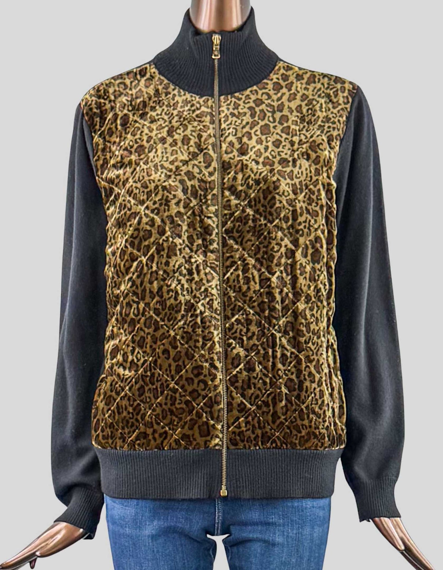 LAUREN RALPH LAUREN Animal Print Jacket. Long sleeve, black knit, zip front jacket, stand collar, bronze tone zipper, with animal print in velvet on front. Front is lined on inside.