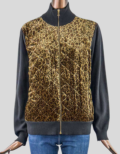 LAUREN RALPH LAUREN Animal Print Jacket. Long sleeve, black knit, zip front jacket, stand collar, bronze tone zipper, with animal print in velvet on front. Front is lined on inside.