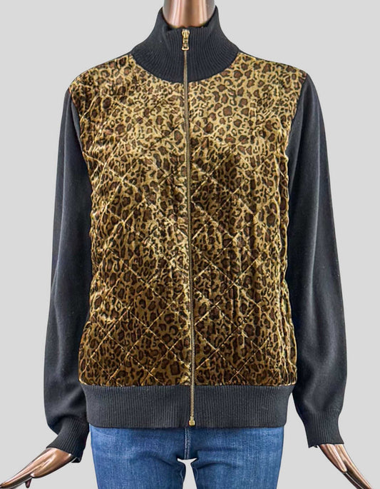 LAUREN RALPH LAUREN Animal Print Jacket. Long sleeve, black knit, zip front jacket, stand collar, bronze tone zipper, with animal print in velvet on front. Front is lined on inside.