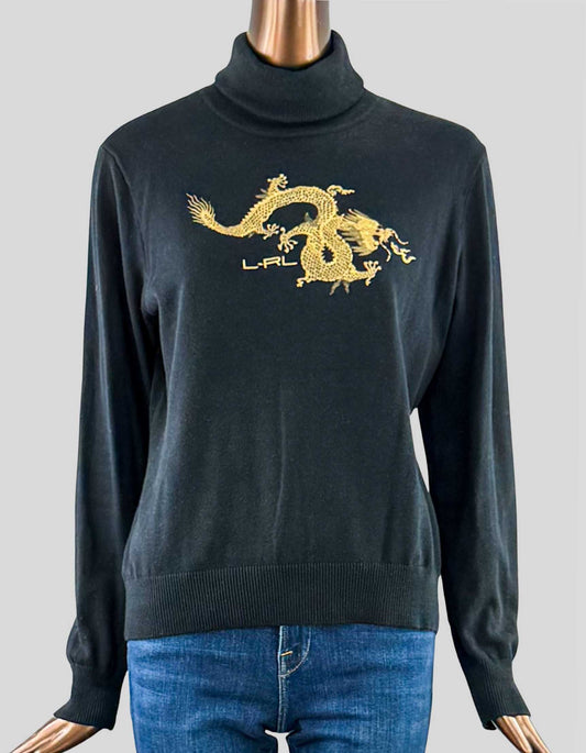 LAUREN ACTIVE Long Sleeve Turtleneck Sweater. Black with gold dragon design on front.