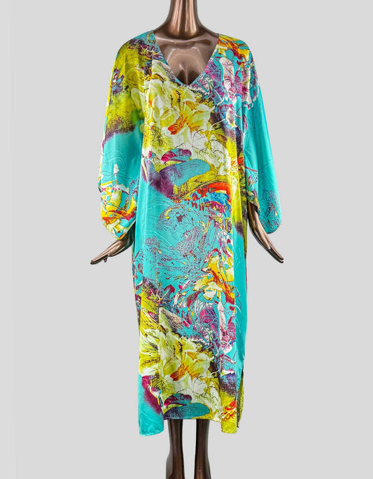  NATORI Caftan Dress Kimono Style. V-neck, 3/4 sleeve, side slits, oversized fit. 