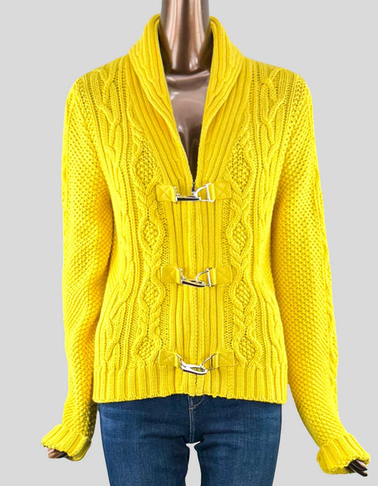 LAUREN RALPH LAUREN Heavy Cable Knit Cardigan. Yellow cotton heavy knit cable cardigan with shawl collar