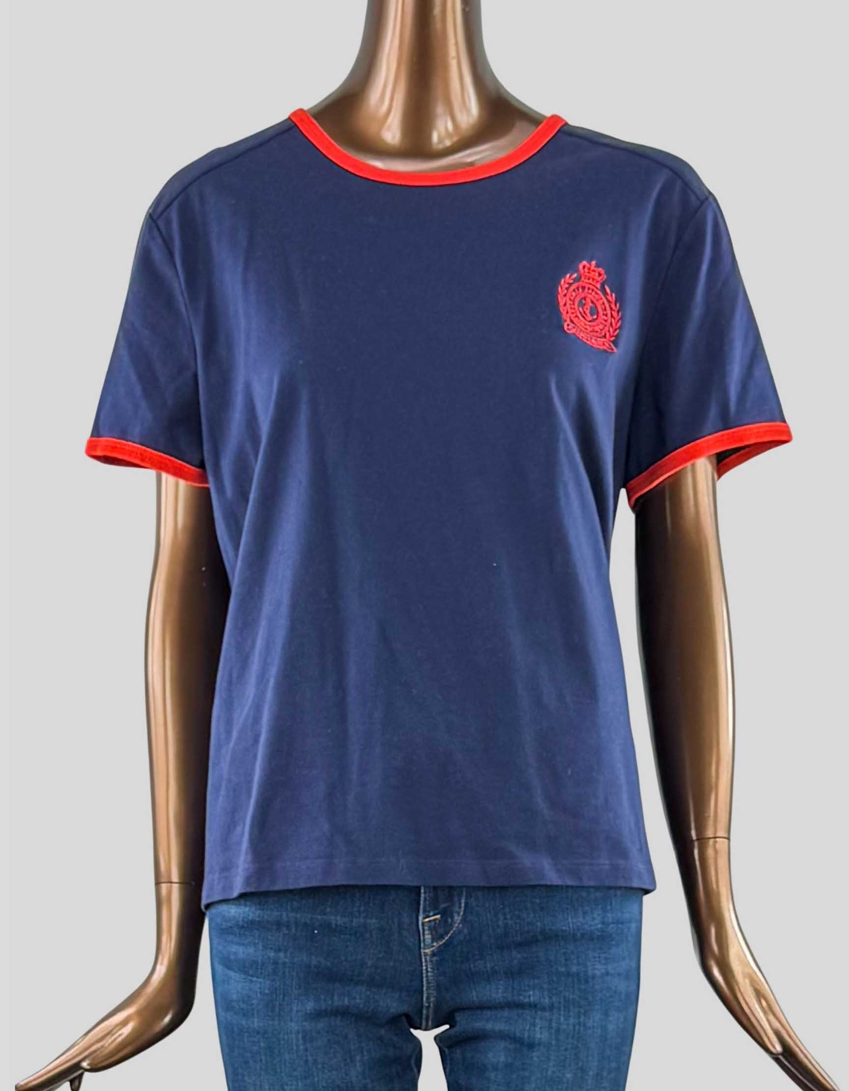 LAUREN RALPH LAUREN Navy and Orange Shirt. Navy T-shirt with orange trim around neckline and sleeves, orange LRL logo on left chest.
