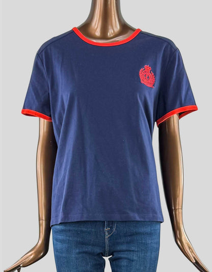 LAUREN RALPH LAUREN Navy and Orange Shirt. Navy T-shirt with orange trim around neckline and sleeves, orange LRL logo on left chest.
