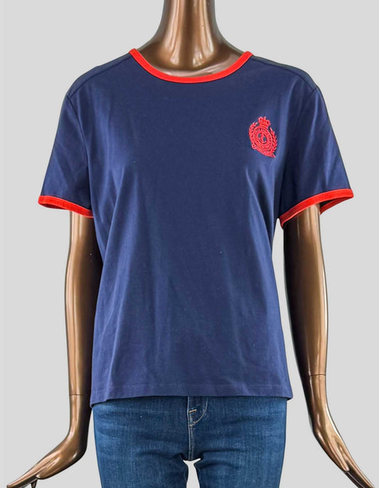 LAUREN RALPH LAUREN Navy and Orange Shirt. Navy T-shirt with orange trim around neckline and sleeves, orange LRL logo on left chest.