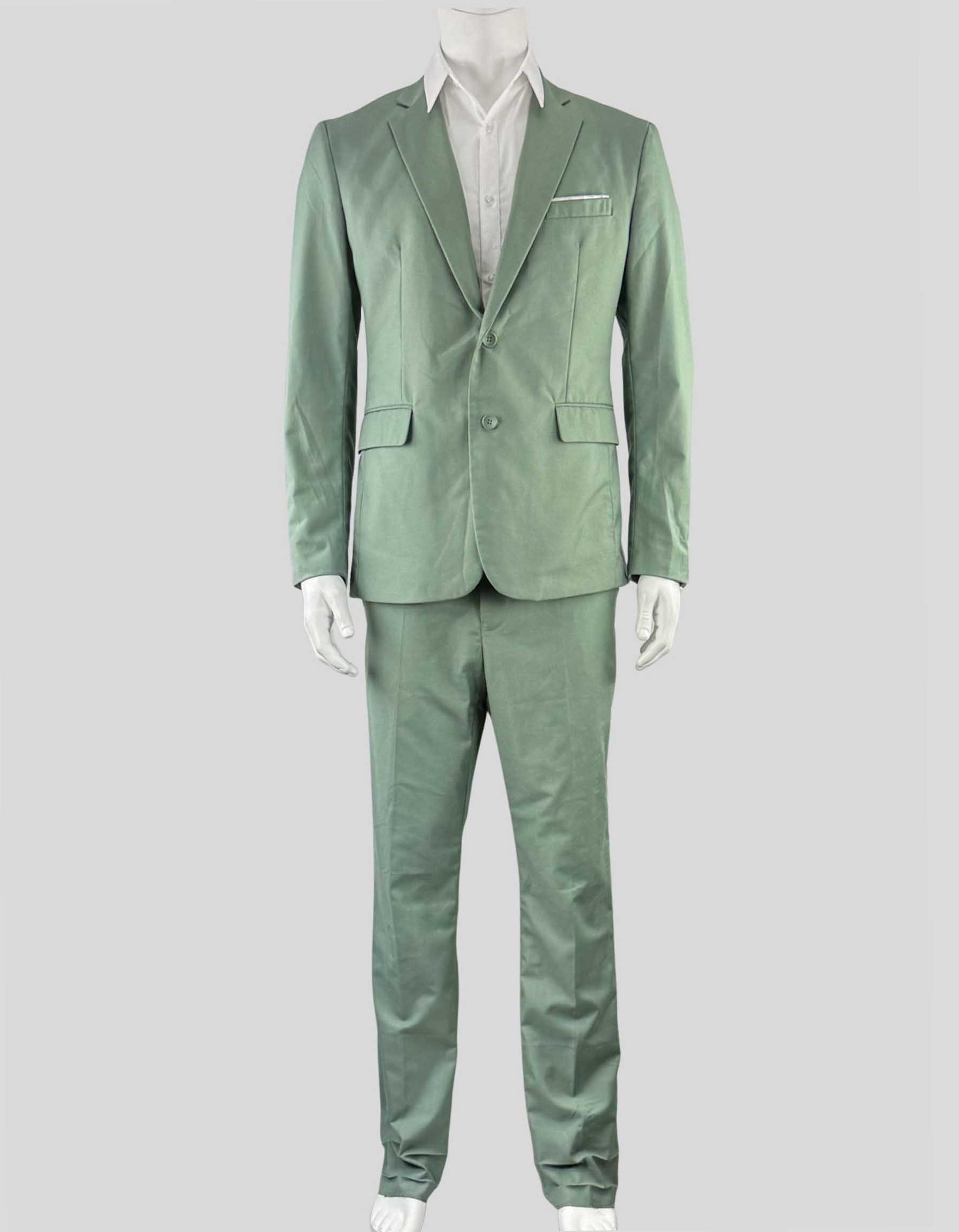 UNIGLO olive green single-breasted suit. Single-button jacket with notched collar. Flat front pants. Open hem.