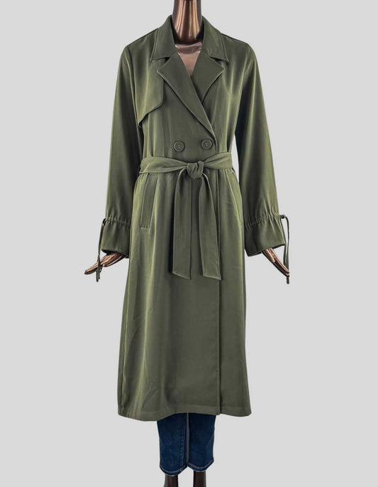 ICŌNE PAR SIMONS VISION Belted Trench Coat. Includes original belt that ties at the waist. Double-breasted, satiny lining, slit pockets, storm flap behind.