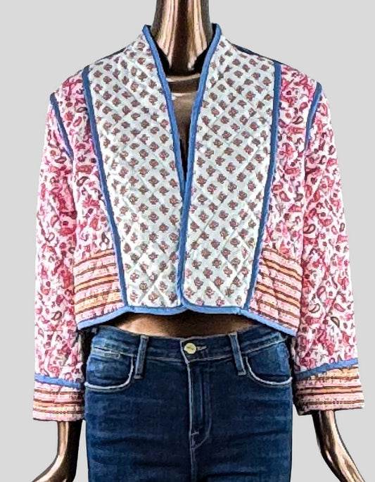 Handmade Cotton Quilted Jacket. Pink/blue paisley print, stripe piping. Open front. 