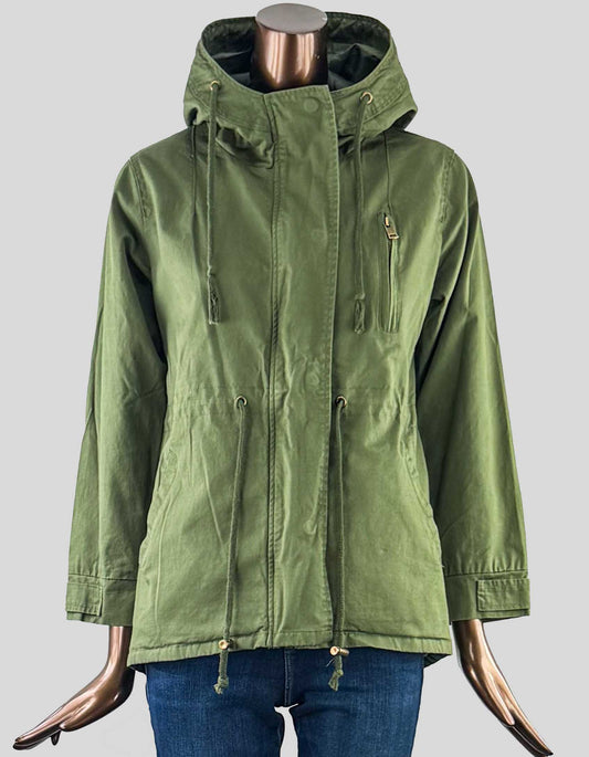 Outdoor jacket with hood in army green. Back vent detail. Shirttail hem that's longer in the back with snap closure. Waist tie. Zip and placket snap closure at front.