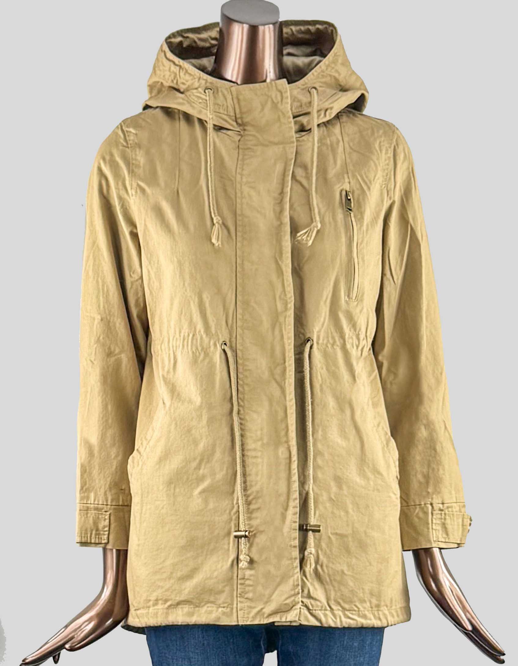 Outdoor jacket with hood in tan. Back vent detail. Shirttail hem that's longer in the back with snap closure. Waist tie. Zip and placket snap closure at front.