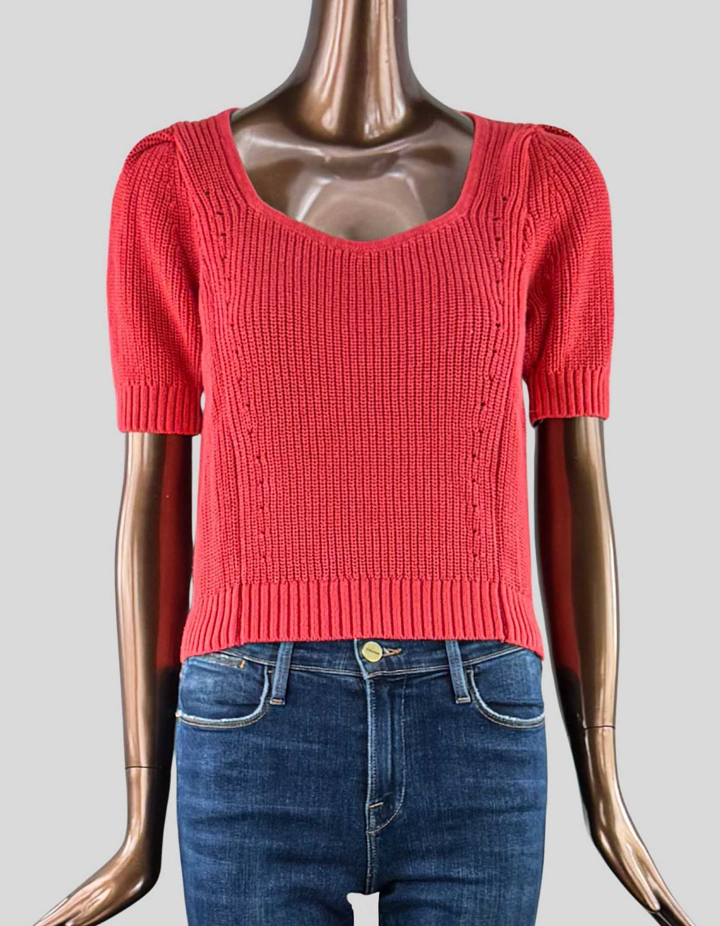 RW&CO Short-Sleeve sweater in orange. Square neck. Ribbed throughout.