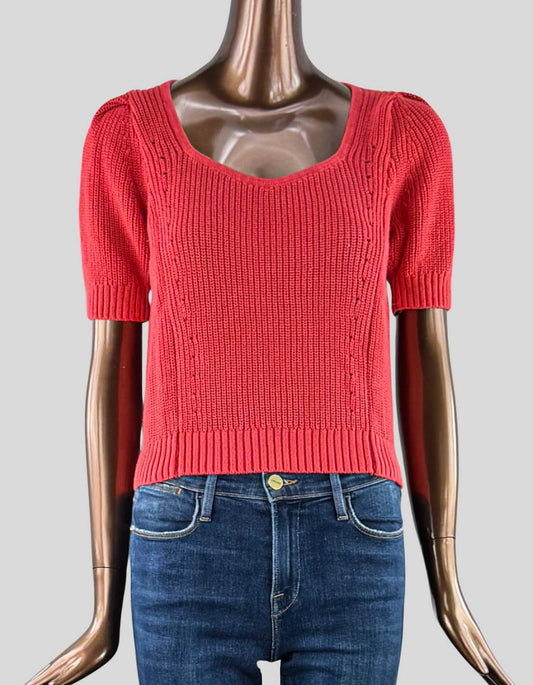 RW&CO Short-Sleeve sweater in orange. Square neck. Ribbed throughout.
