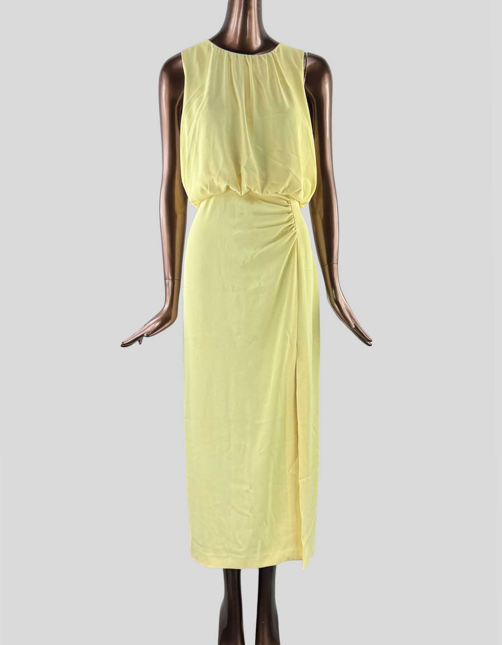 ZARA Ruched Dress. Round neck dress with sleeveless design. Ruched detail at the waist. Hem with side slit. Back closure with opening and buttons and hidden side zip fastening in the seam.