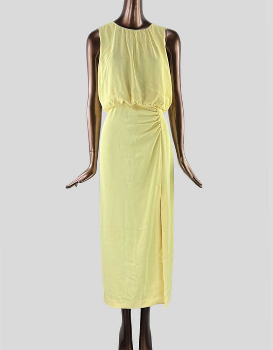 ZARA Ruched Dress. Round neck dress with sleeveless design. Ruched detail at the waist. Hem with side slit. Back closure with opening and buttons and hidden side zip fastening in the seam.