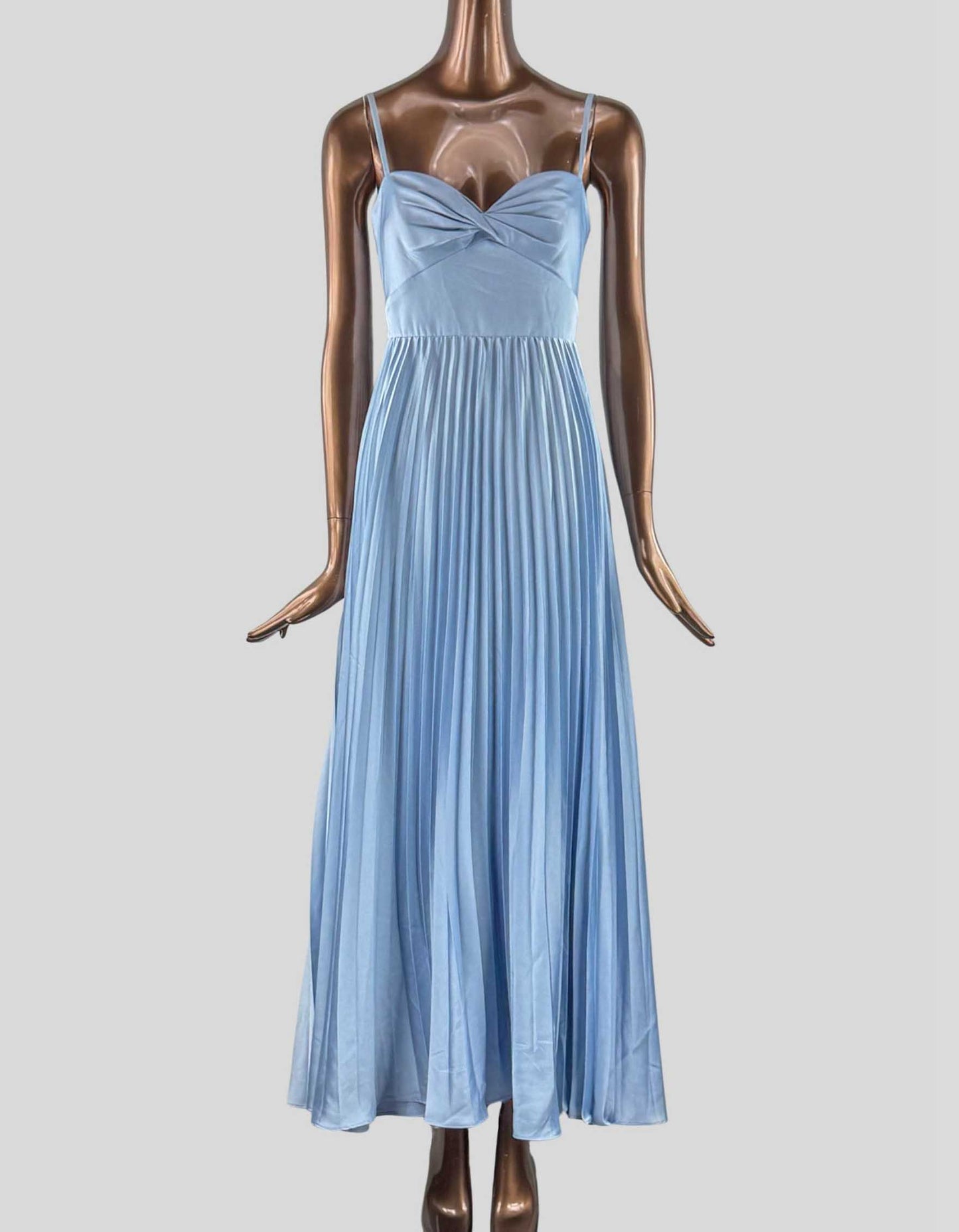 EVER NEW Chloe Sleeveless Pleated Dress in light blue. Sweatheart neckline. Satin fabrication. Ruched, twisted bust detail. Adjustable spaghetti straps. High waist seam. Pleated, flowing ankle-grazer skirt. Zip-up back. Lined.