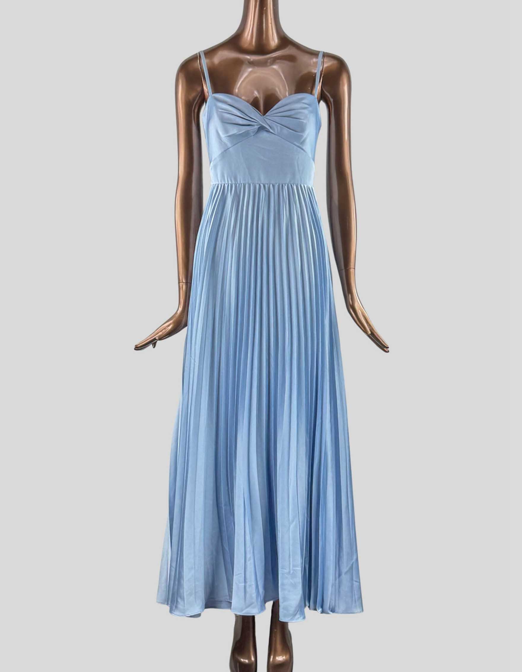 EVER NEW Chloe Sleeveless Pleated Dress in light blue. Sweatheart neckline. Satin fabrication. Ruched, twisted bust detail. Adjustable spaghetti straps. High waist seam. Pleated, flowing ankle-grazer skirt. Zip-up back. Lined.
