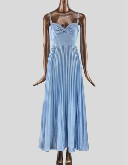 EVER NEW Chloe Sleeveless Pleated Dress in light blue. Sweatheart neckline. Satin fabrication. Ruched, twisted bust detail. Adjustable spaghetti straps. High waist seam. Pleated, flowing ankle-grazer skirt. Zip-up back. Lined.