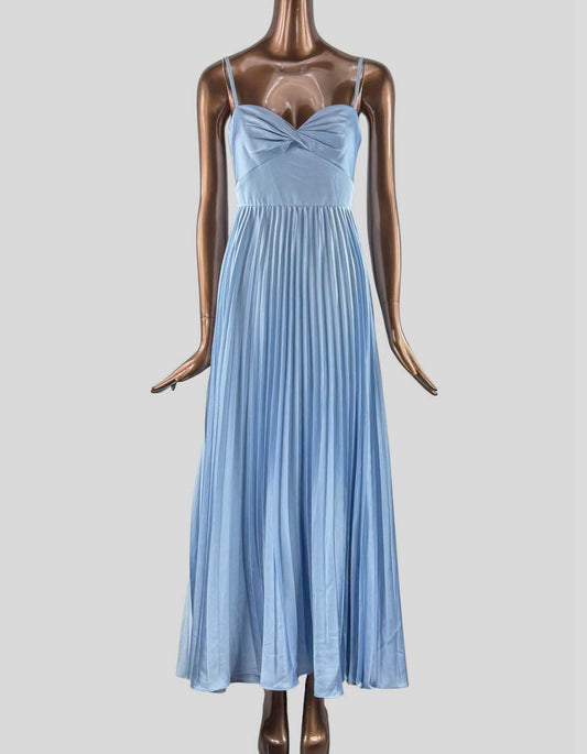 EVER NEW Chloe Sleeveless Pleated Dress in light blue. Sweatheart neckline. Satin fabrication. Ruched, twisted bust detail. Adjustable spaghetti straps. High waist seam. Pleated, flowing ankle-grazer skirt. Zip-up back. Lined.