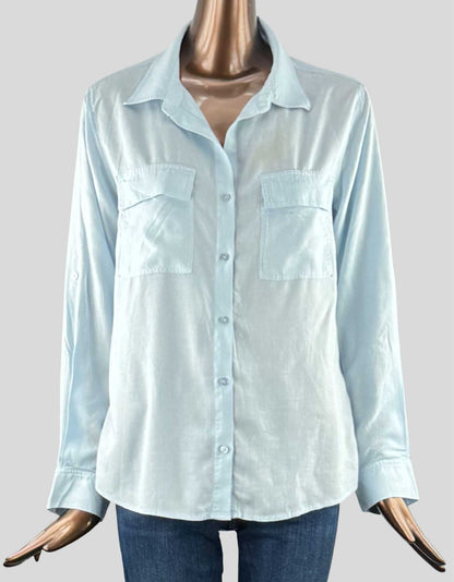 Button Front Utility Linen Shirt. Button front, two front pockets. a collar and a button up strap that allows you to easily cuff the sleeves.