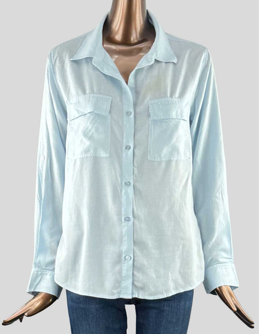 Button Front Utility Linen Shirt. Button front, two front pockets. a collar and a button up strap that allows you to easily cuff the sleeves.