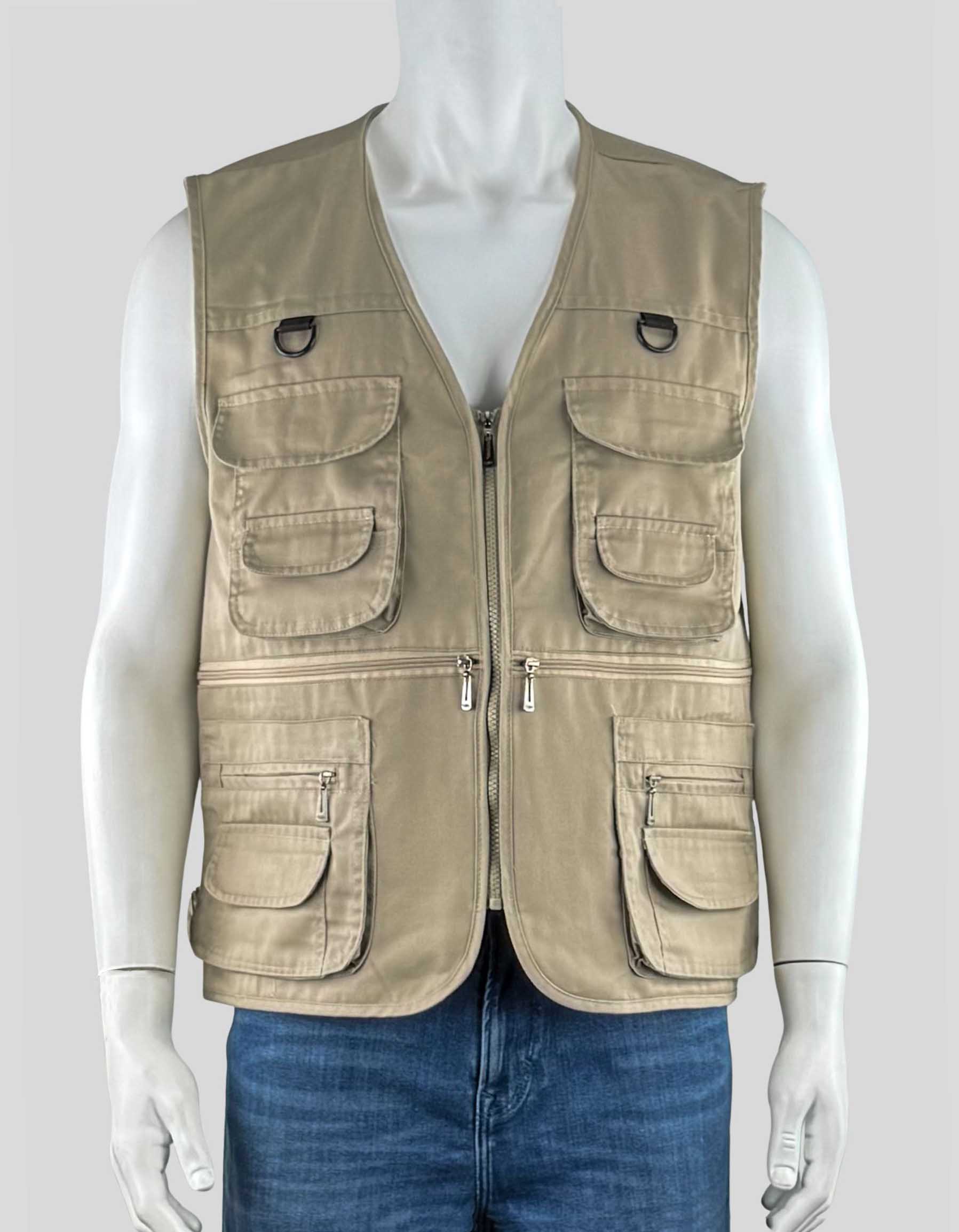 LISUHEPEAL Fishing Vest. Front zipper. V-neck. Sleeveless. 12 functional pockets. 2 D-rings. Zipper pockets and flat fasten pockets.