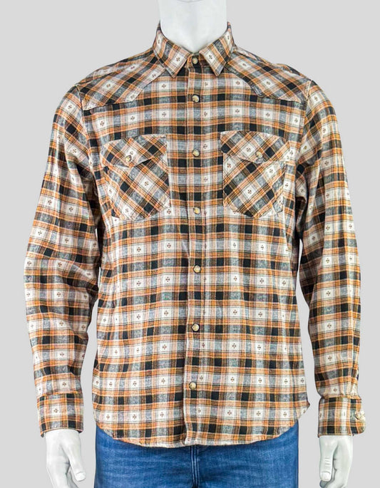 Wind River Plaid Orange Flannel Shirt. Long Sleeve. Pearl Snap. Modern Fit. Snap front closure, button-down collar, dual chest pockets.