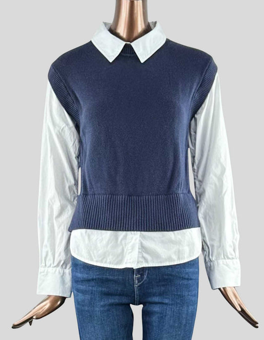 ANN TAYLOR Mixed Media wweater vest with button down shirt effect. Crew neck, sleeveless vest with woven collar. Woven long sleeves with button cuffs. Woven shirttail hem with button front.