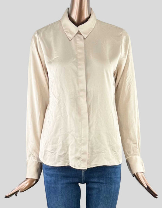 ANN TAYLOR Tan Blouse with collar. Button down with placket. Long sleeve with gold-tone buttons at cuff.