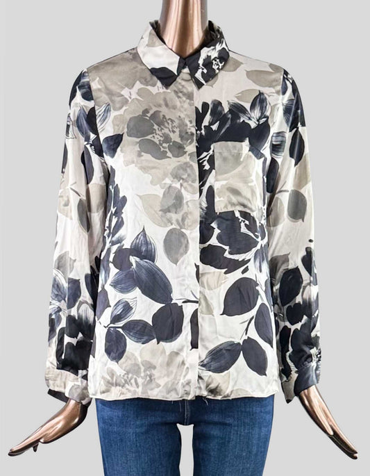 ZARA printed satin shirt with lapel collar. Black, Tan and Grey design. Front button closure concealed by placket