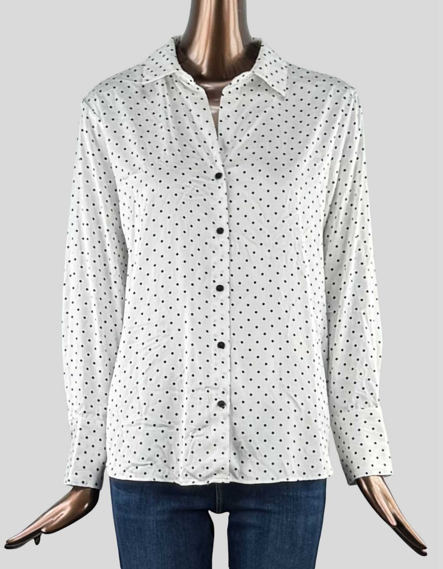 Maison d' Amelie Button Front Blouse in white with black dot design. Spread collar. Long sleeves. 