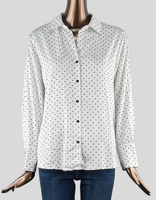 Maison d' Amelie Button Front Blouse in white with black dot design. Spread collar. Long sleeves. 
