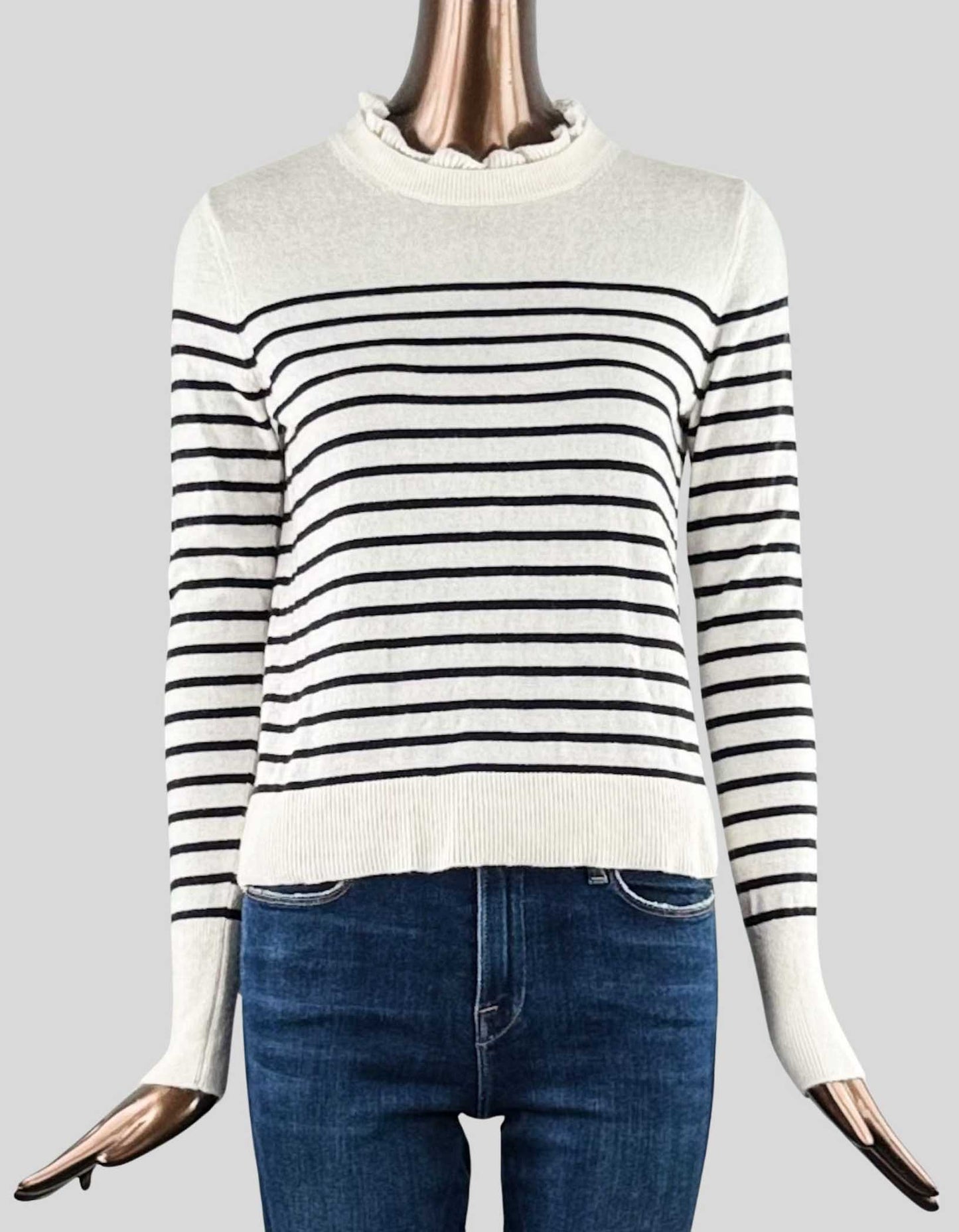 LOFT Ruffled crew neck sweater. White with black stripes. Long sleeve.