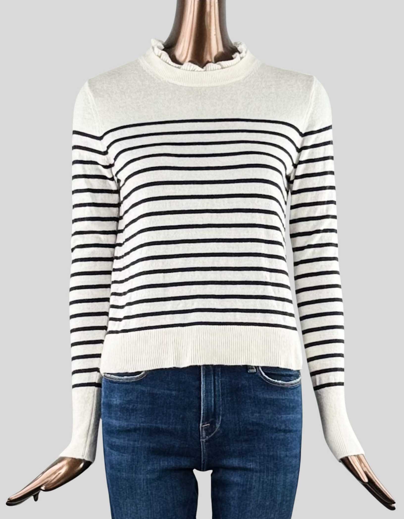 LOFT Ruffled crew neck sweater. White with black stripes. Long sleeve.