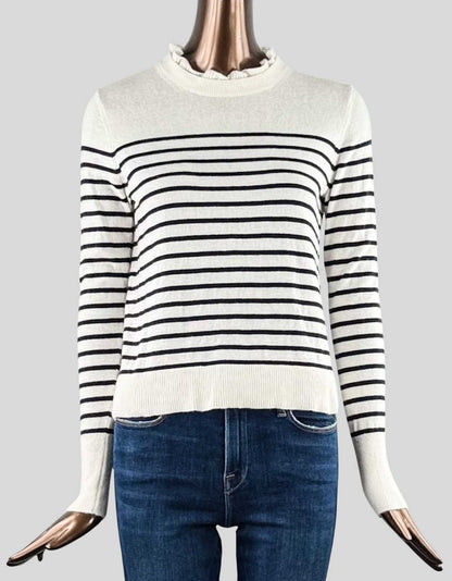 LOFT Ruffled crew neck sweater. White with black stripes. Long sleeve.