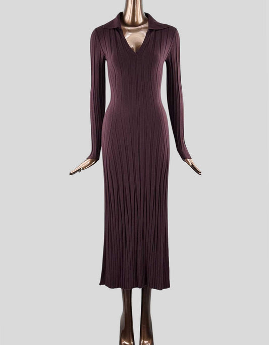 REISS Winnie Rib-Knit Midi-Dress in burgundy. Knit dress with ribbing and stretch for shape. Johnny collar. Long sleeve. Pull over style