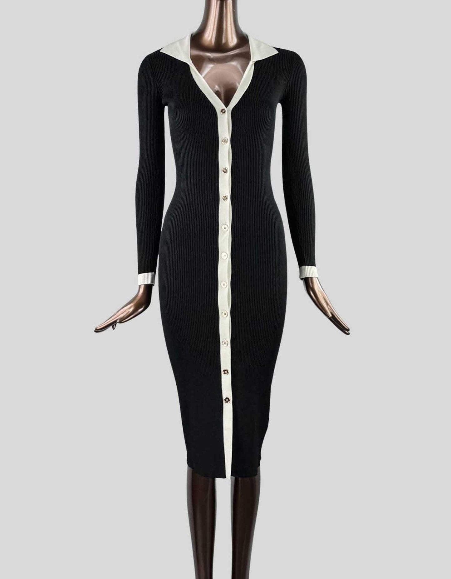 ALEXIA ADMOR Cordelia Midi Knit Dress. Long Sleeve. Black with contrast trim in white. Novelty Buttons.