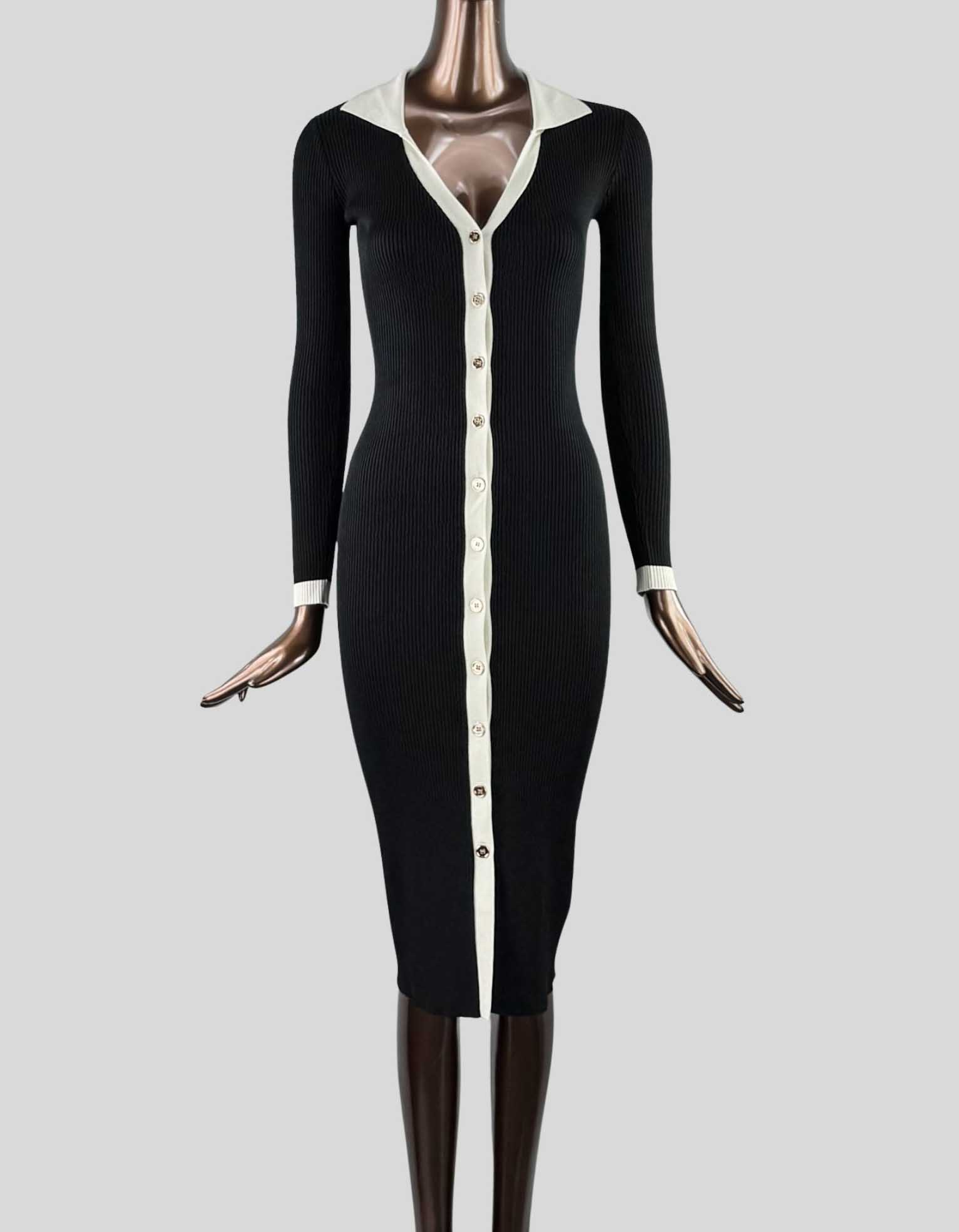 ALEXIA ADMOR Cordelia Midi Knit Dress. Long Sleeve. Black with contrast trim in white. Novelty Buttons.