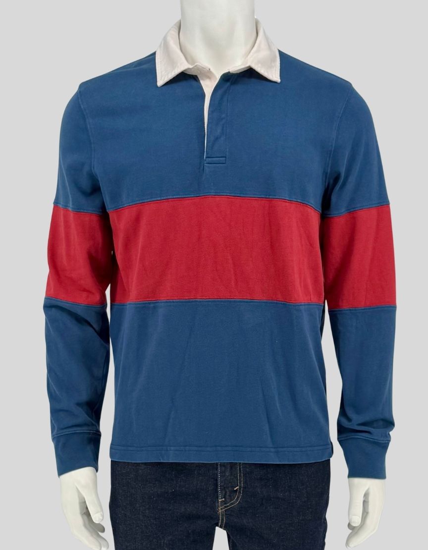 Authentic screen-worn Denver Hayes long-sleeve rugby shirt featuring navy blue and rust red horizontal stripes with white contrast collar.