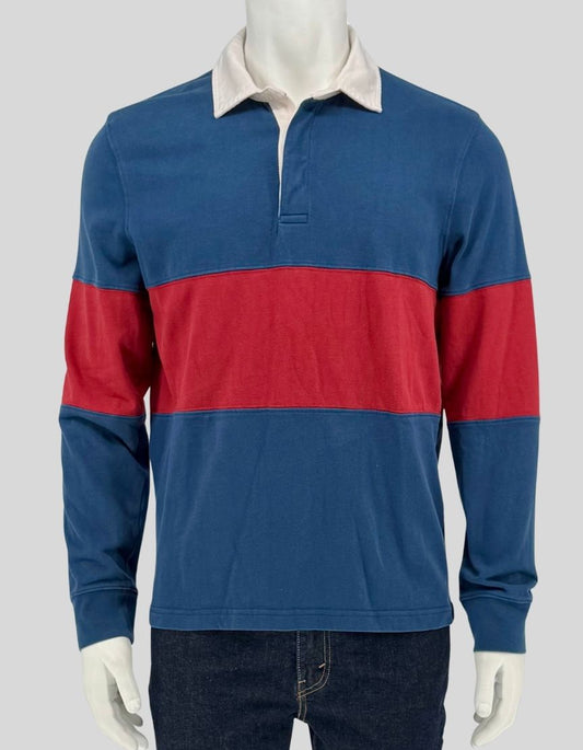 Authentic screen-worn Denver Hayes long-sleeve rugby shirt featuring navy blue and rust red horizontal stripes with white contrast collar.