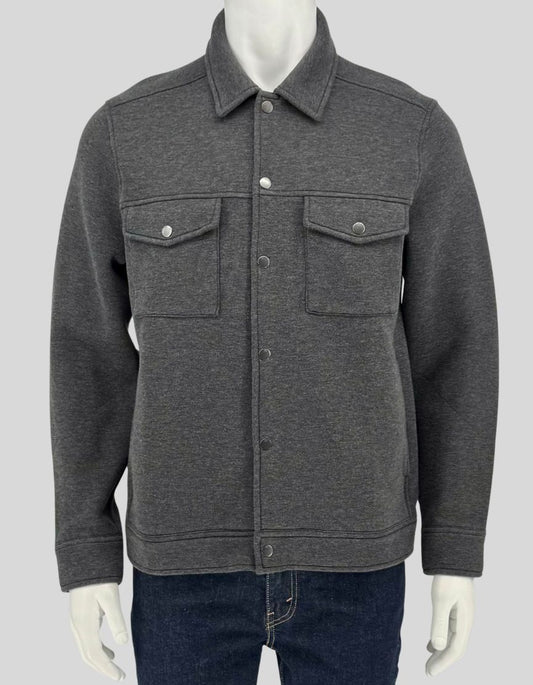 Authentic screen-worn Banana Republic gray heather knit shirt jacket featuring dual chest pockets with snap closures, full snap-front closure, and classic collar.