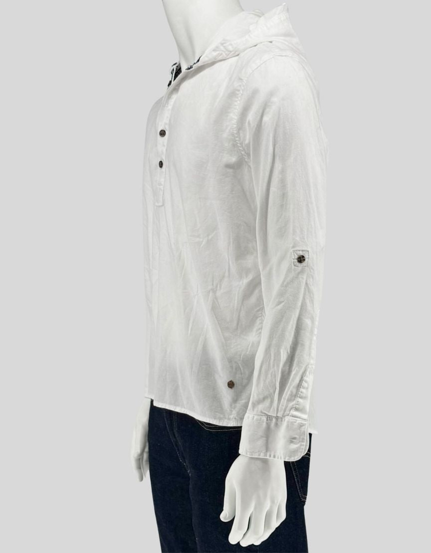 POINT ZERO White Linen Hoodie Shirt - Small | Petitie