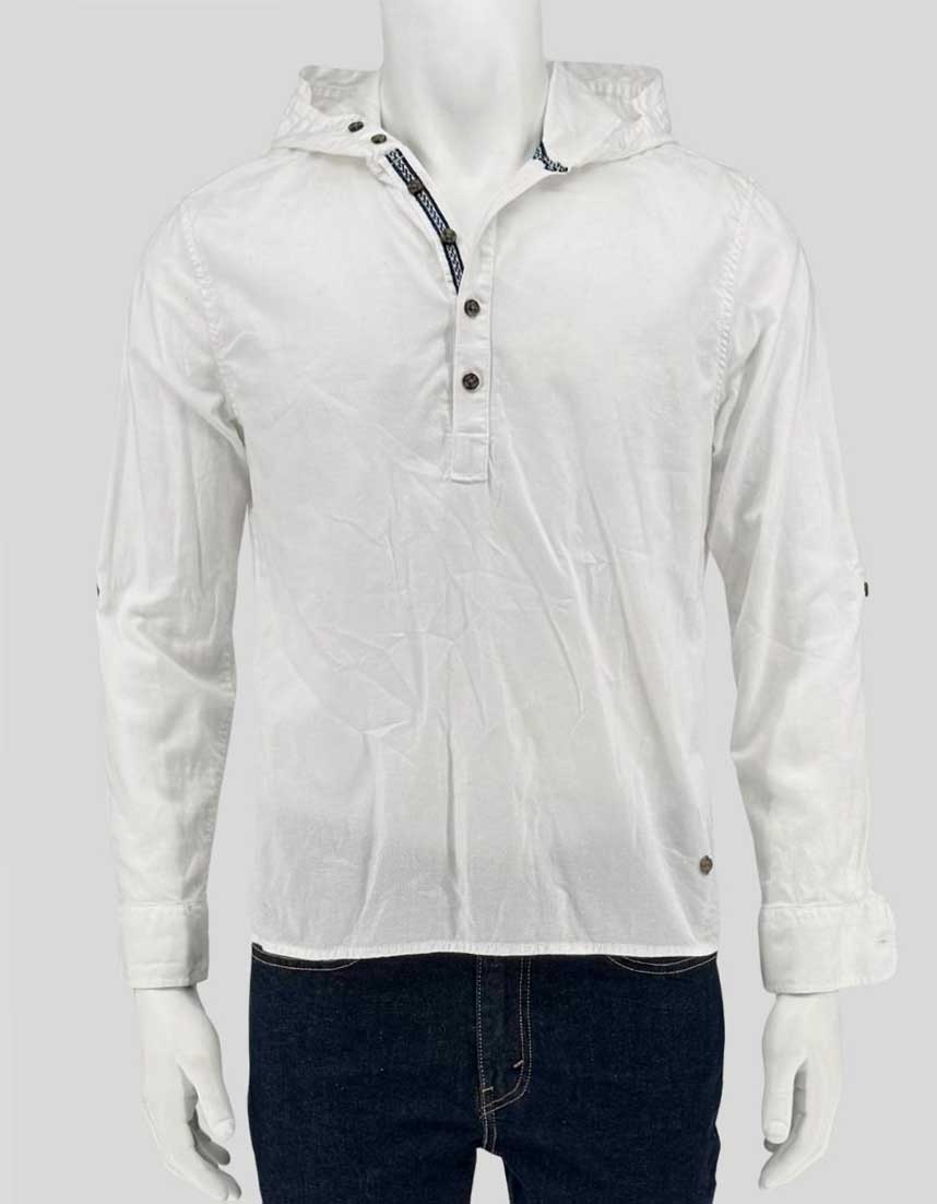Authentic screen-worn Point Zero white linen hoodie shirt featuring quarter-button placket, contrast trim detail, and adjustable hood.