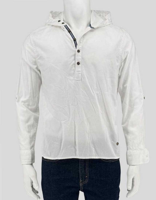 Authentic screen-worn Point Zero white linen hoodie shirt featuring quarter-button placket, contrast trim detail, and adjustable hood.