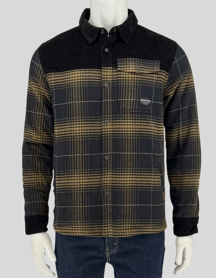 Authentic screen-worn WOODS black and tan plaid flannel shirt featuring black corduroy yoke and collar, chest pocket, and full button-front closure. 