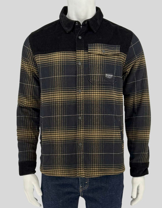 Authentic screen-worn WOODS black and tan plaid flannel shirt featuring black corduroy yoke and collar, chest pocket, and full button-front closure. 
